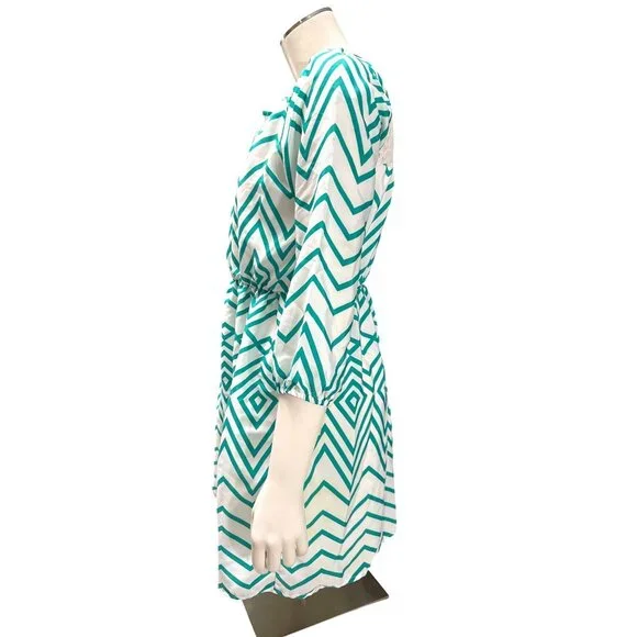 My Michelle Size XL White Teal Chevron Tie Neck Lined Laceback Boho Resort Dress - Picture 3 of 12